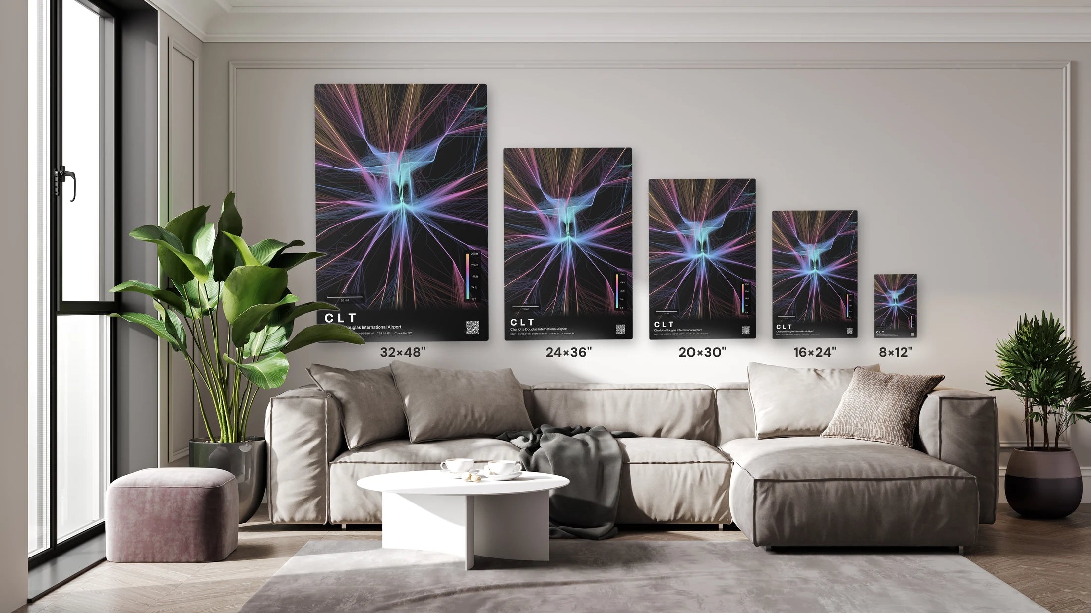 CLT flight path print — Aurora theme · Dark size guide