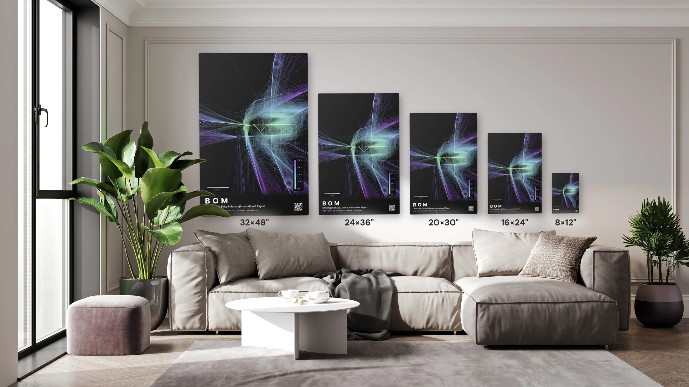 BOM flight path print — Prism theme · Dark size guide