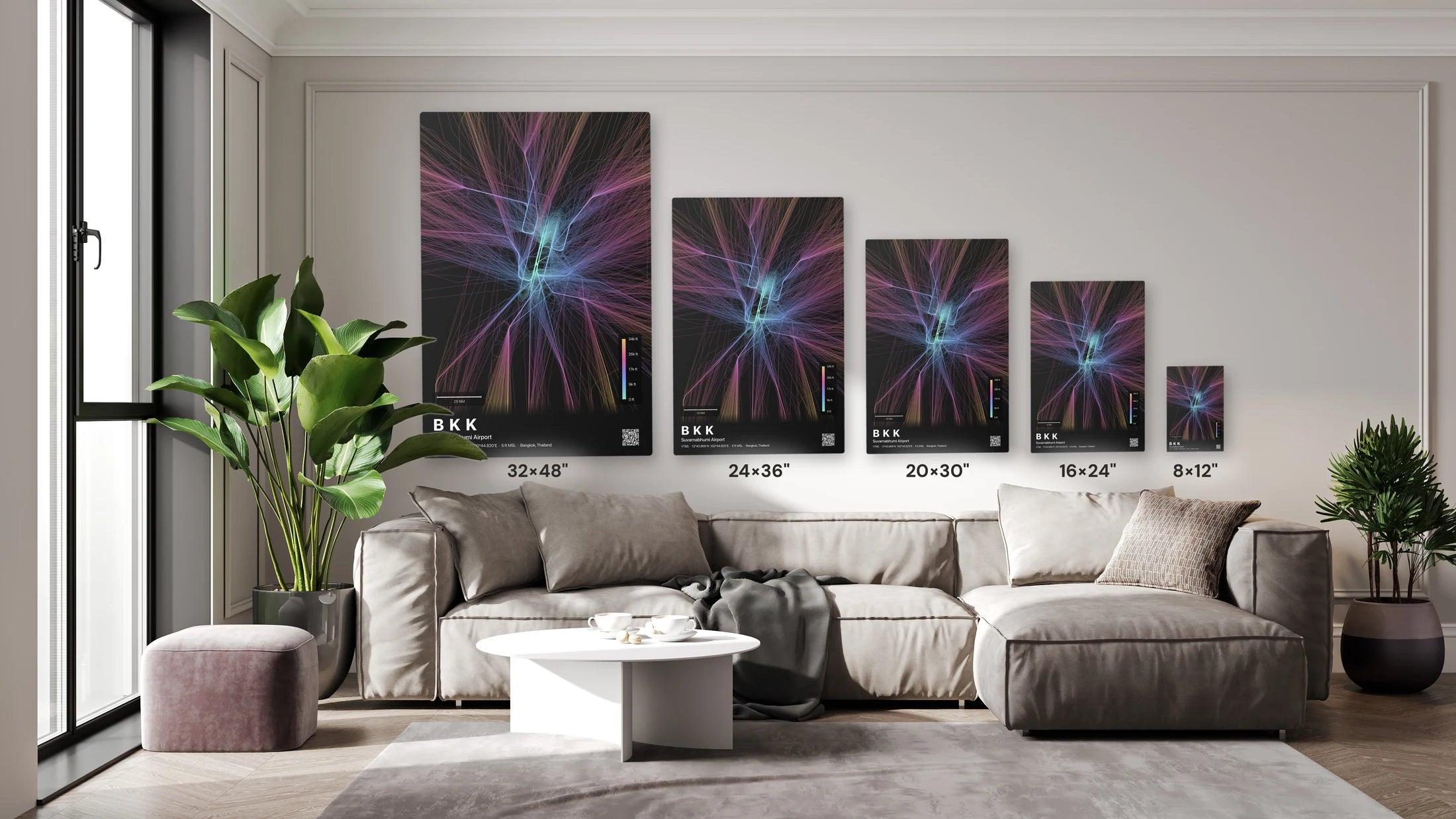 BKK flight path print — Aurora theme · Dark size guide