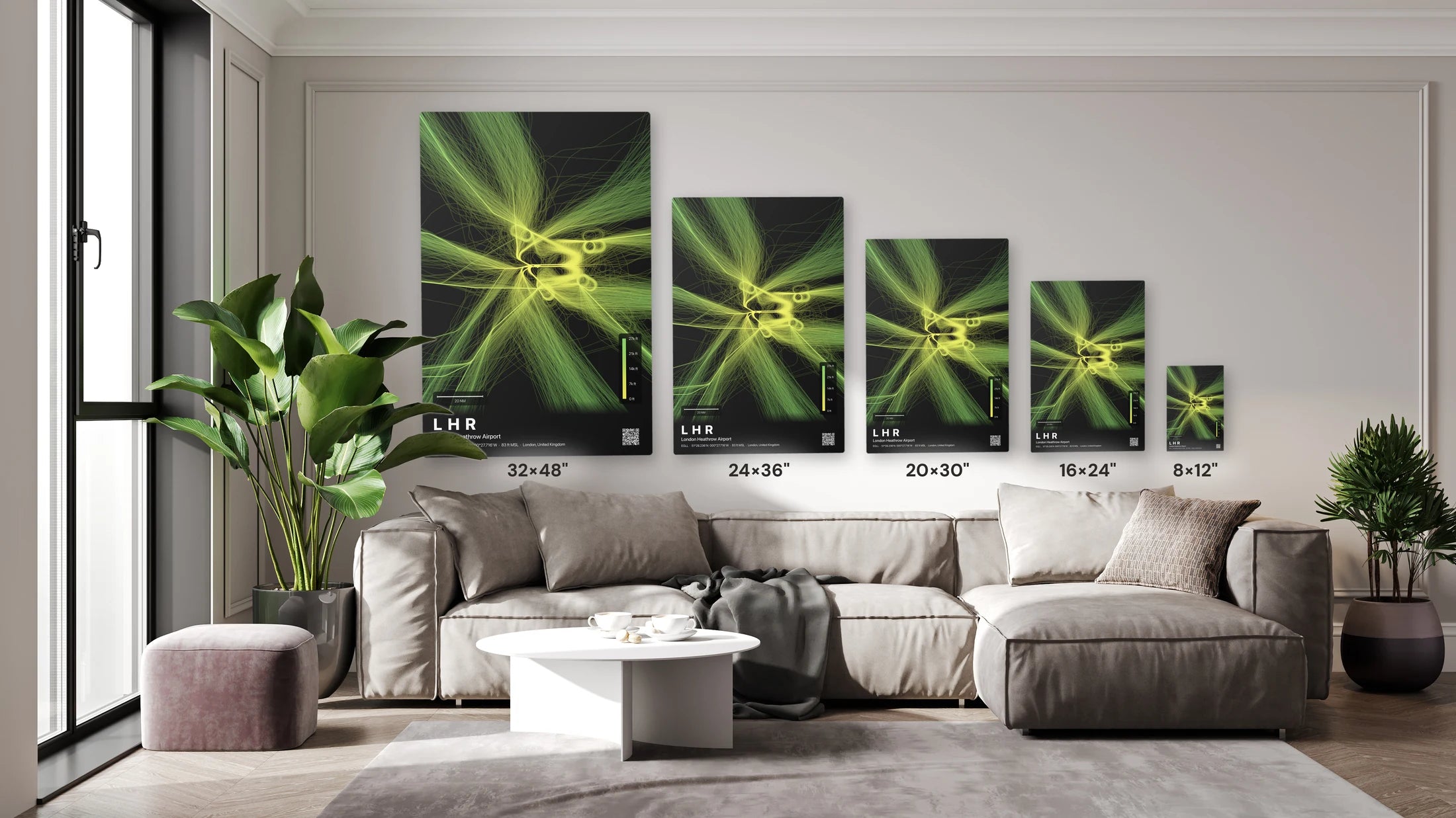 LHR flight path print — Citrus theme · Dark size guide