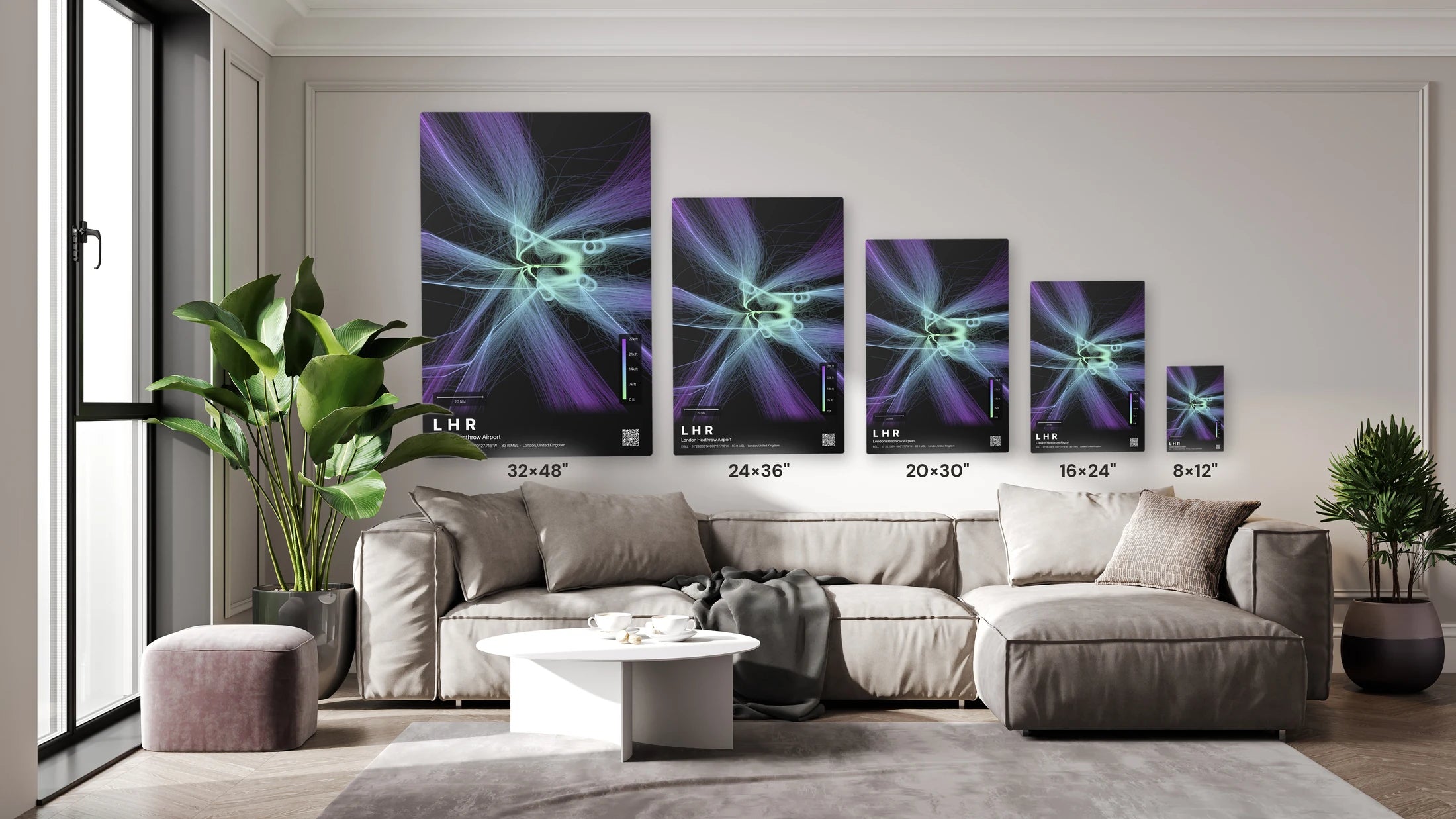 LHR flight path print — Prism theme · Dark size guide
