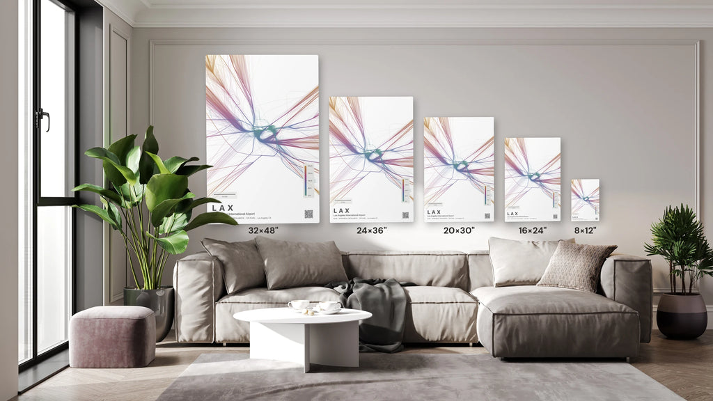 LAX flight path print — Aurora theme · Light size guide