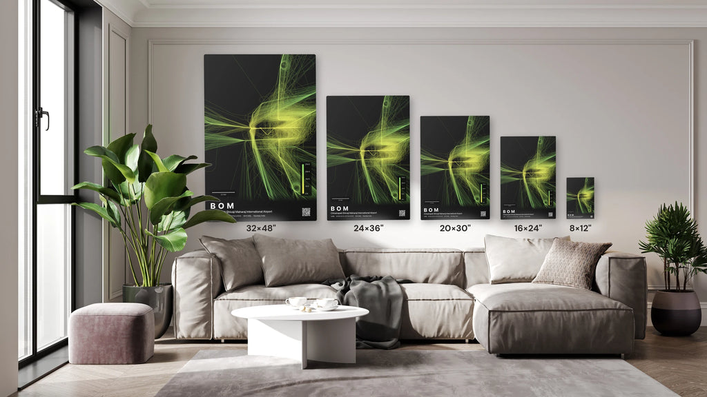 BOM flight path print — Citrus theme · Dark size guide