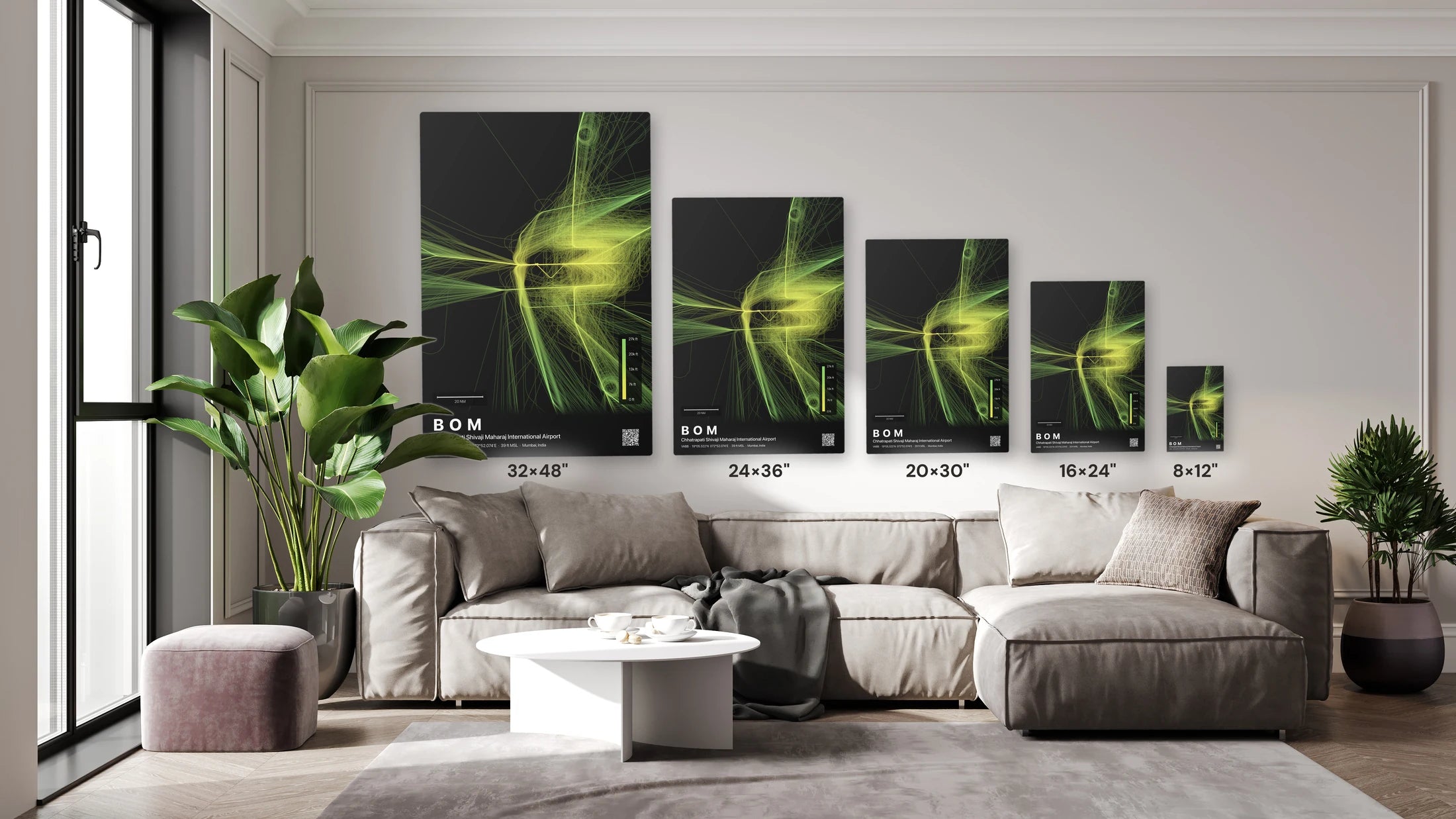 BOM flight path print — Citrus theme · Dark size guide