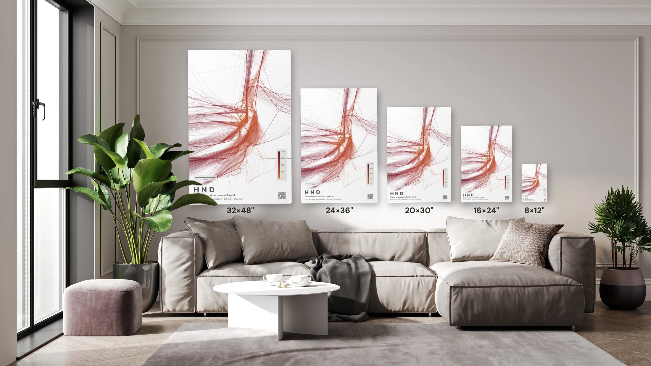 HND flight path print — Inferno theme · Light size guide