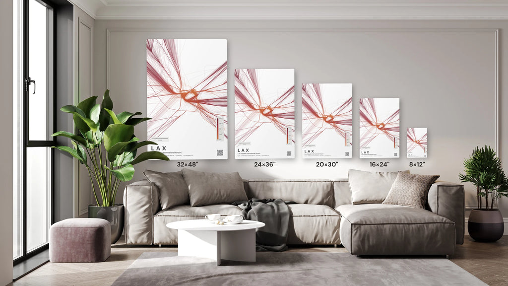 LAX flight path print — Inferno theme · Light size guide