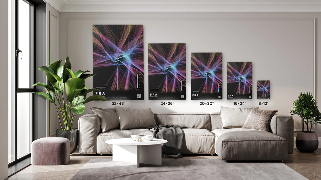FRA flight path print — Aurora theme · Dark size guide