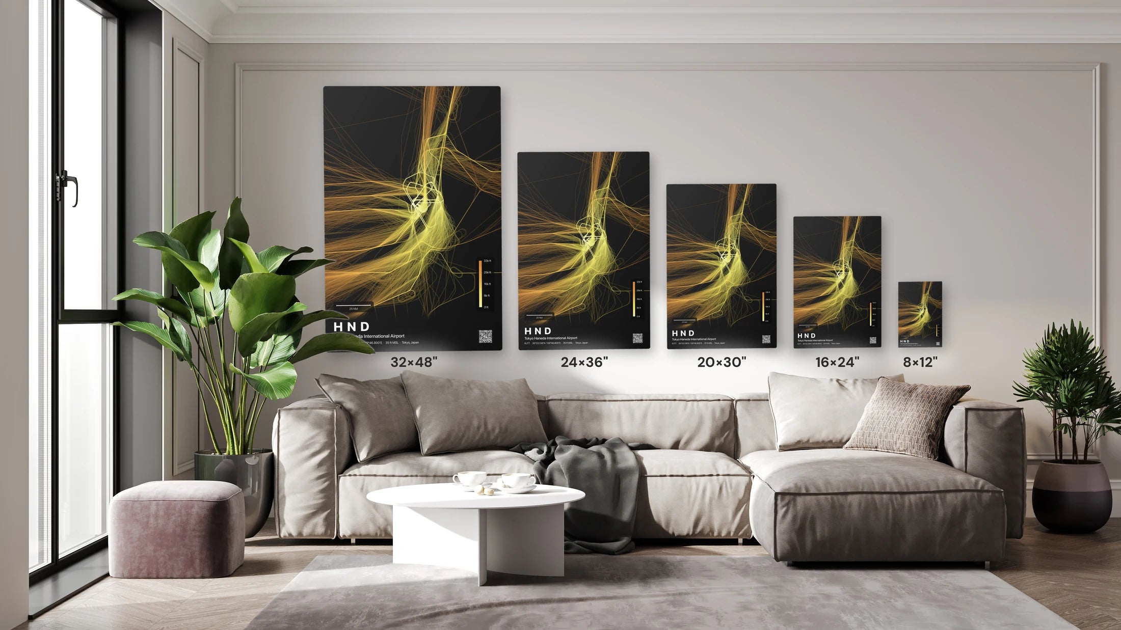 HND flight path print — Solana theme · Dark size guide