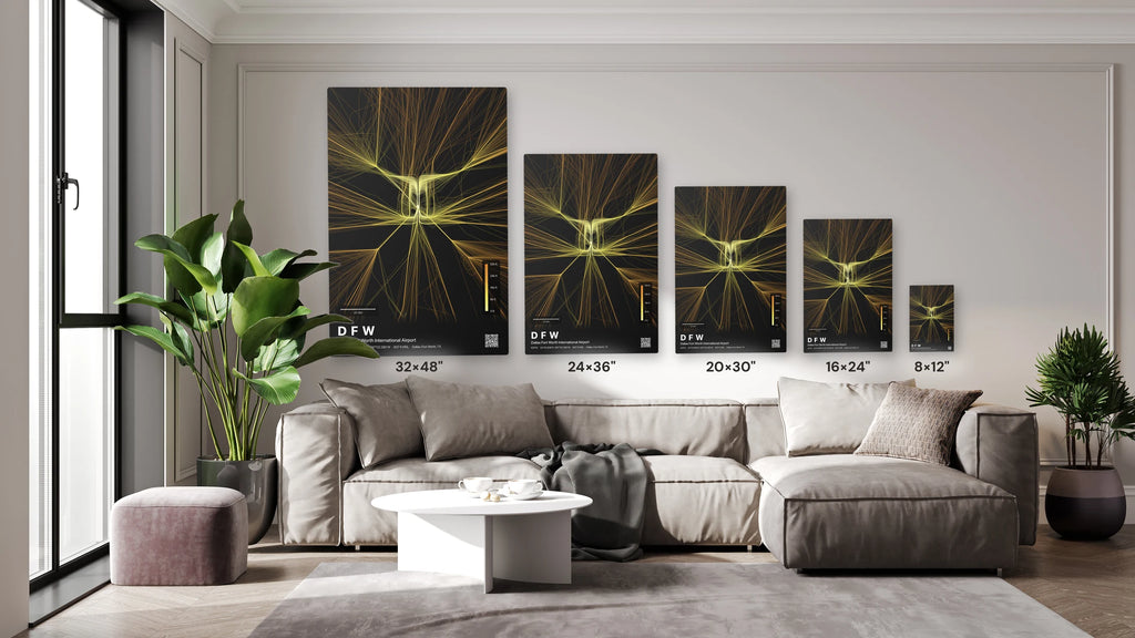 DFW flight path print — Solana theme · Dark size guide