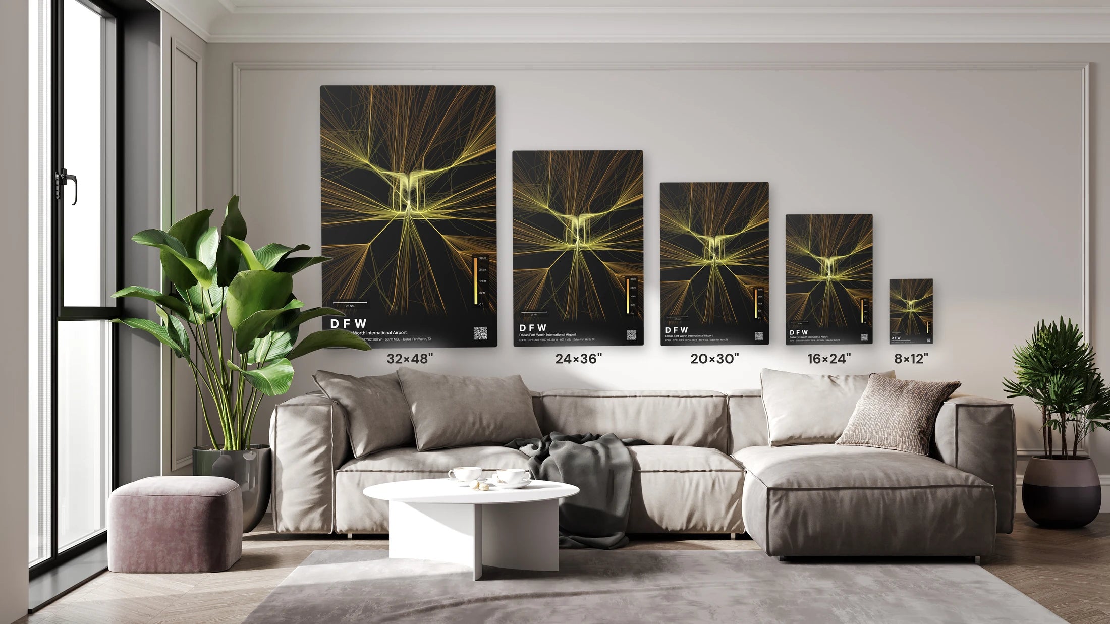DFW flight path print — Solana theme · Dark size guide