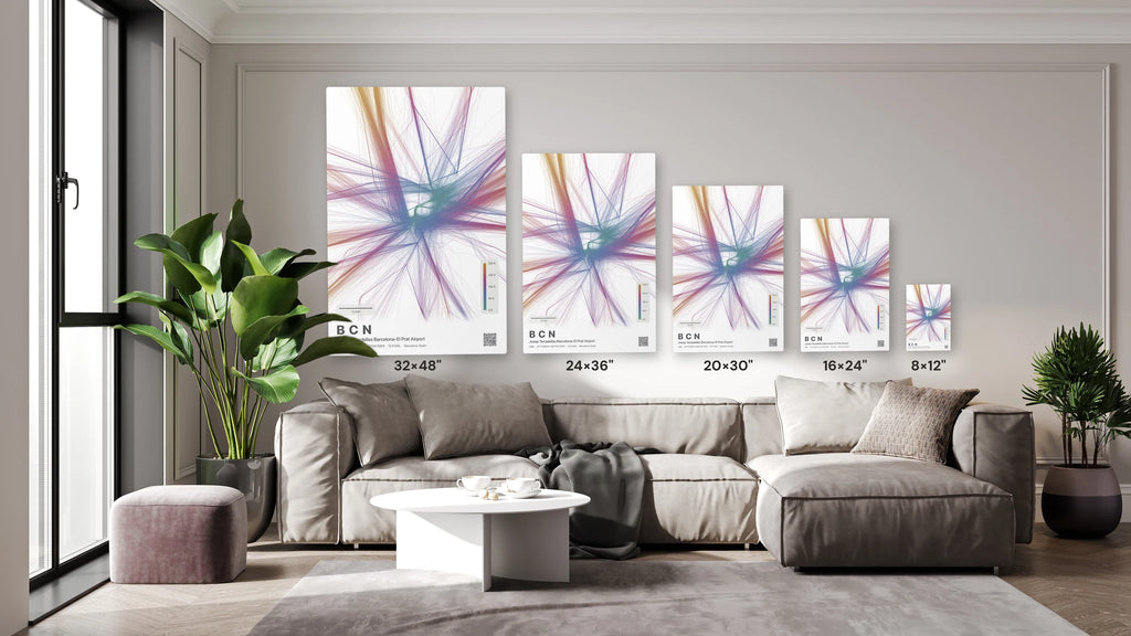 BCN flight path print — Aurora theme · Light size guide