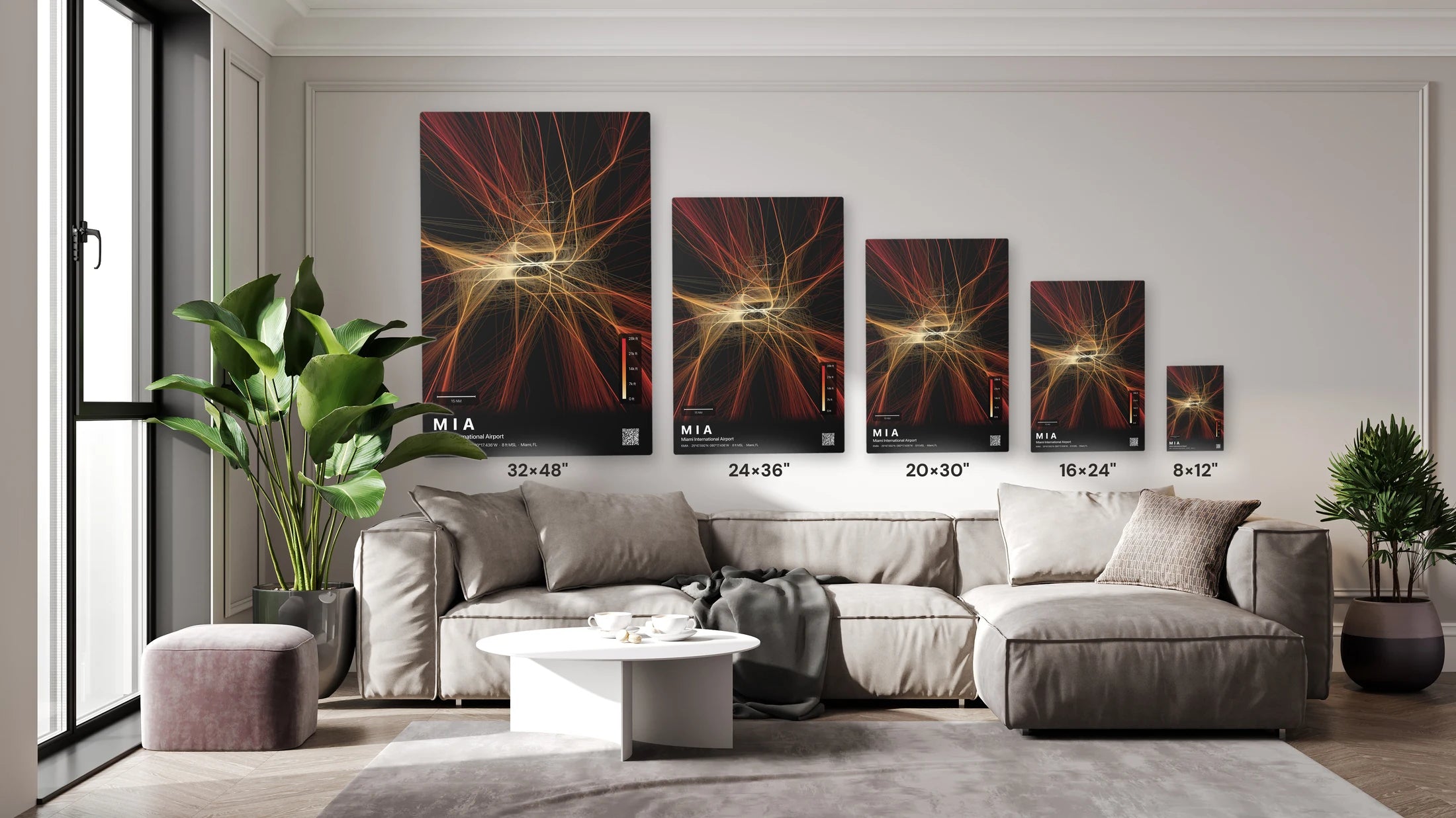 MIA flight path print — Inferno theme · Dark size guide
